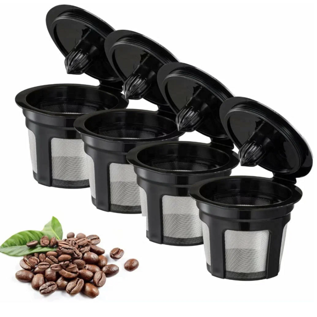 Reusable K Cups, 4 Pack Universal Fit Reusable Coffee Filters with Food Grade Stainless Steel Mesh Eco-Friendly Coffee Reusable Pods for Keurig 1.0 and 2.0 Brewers (Black)