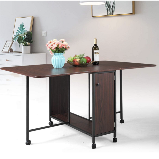 Movable Folding Dining Table, Drop Leaf Extendable Versatile Table Space Saving, Expandable Kitchen Table with Large Storage and 6 Wheels
