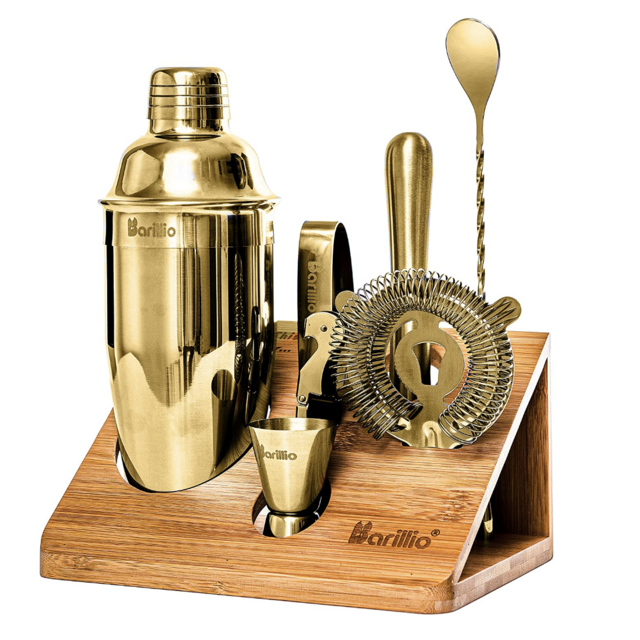 Gold Mixology Bartender Kit Cocktail Shaker Set by Barillio: Drink Mixer Set with Bar Tools, Bamboo Stand Cocktail Mixer Liquor Pourers Mojito Muddler Mixing Spoon Jigger Recipes Booklet