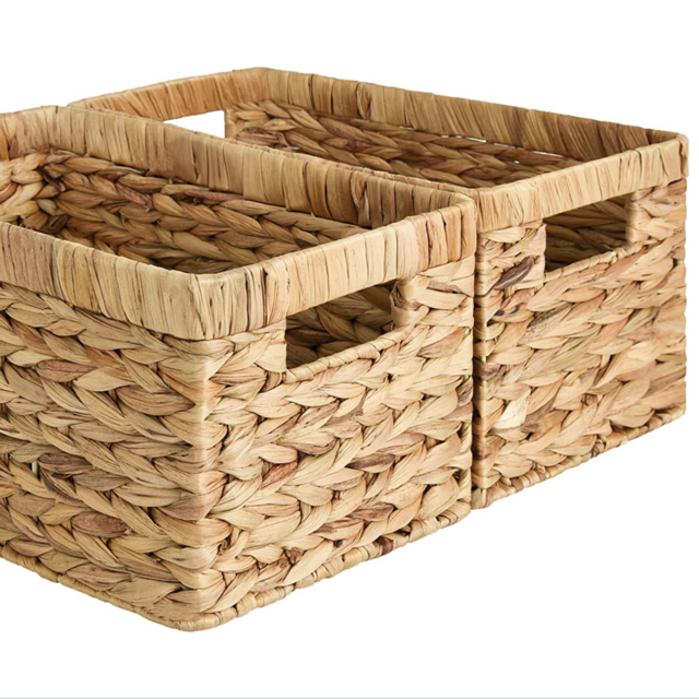 StorageWorks Water Hyacinth Storage Baskets, Rectangular Wicker Baskets with Built-in Handles, Medium, 2-Pack