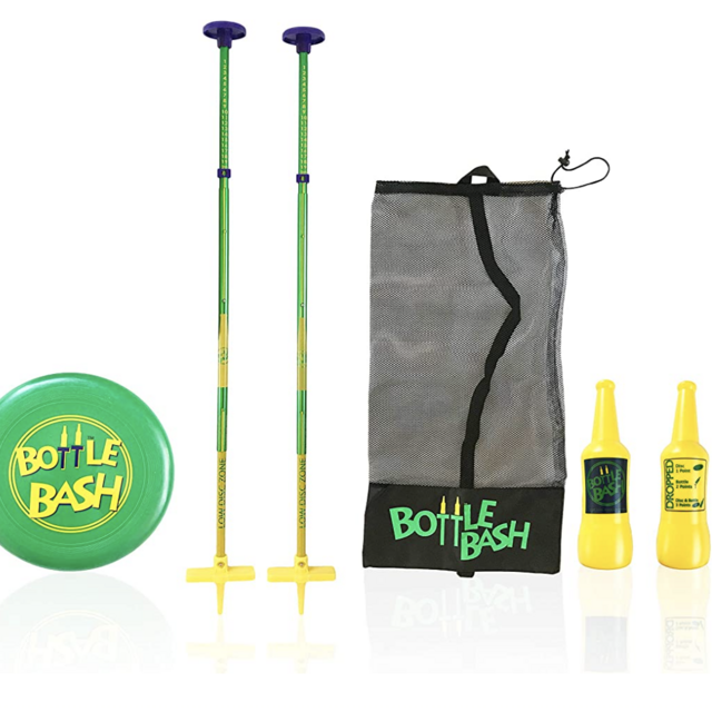 Bottle Bash Outdoor Flying Disc Game Set – Disc Toss Game for Family, Adult & Kids, Backyard and Beach Game - Frisbee Target Lawn Game with Poles & Bottles (Beersbee & Polish Horseshoes)