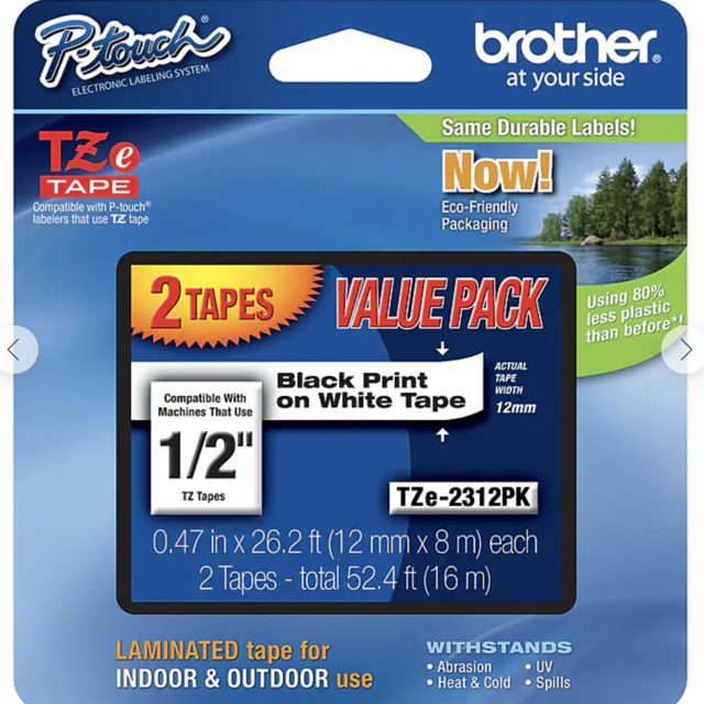 Brother Genuine P-touch TZe-231 2PK Laminated Label Maker Tape, Under 1/2"W, Black on White, 2/Pack