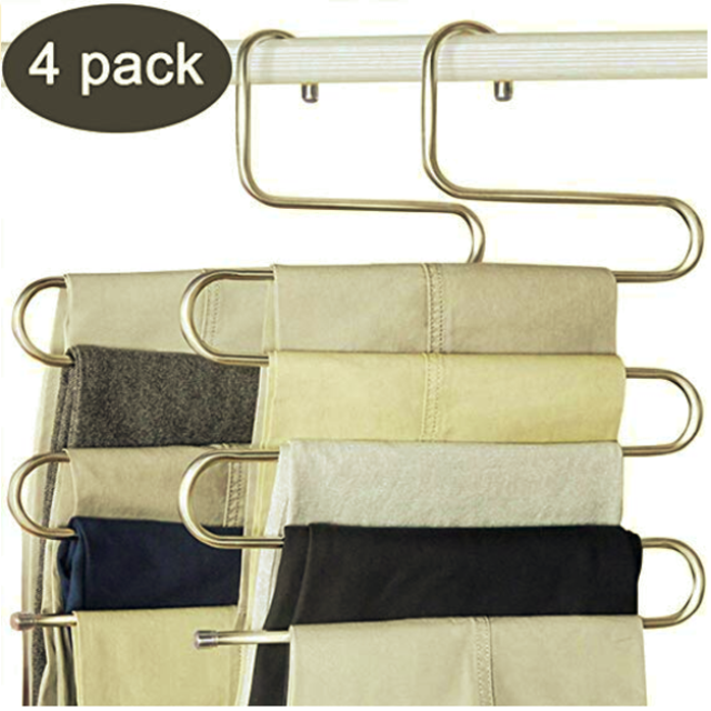DS Pants Hangers S-Shape Trousers Hangers Stainless Steel Clothes Hangers Closet Space Saving for Pants Jeans Scarf Hanging Silver (4 Pack with 10 Clips)