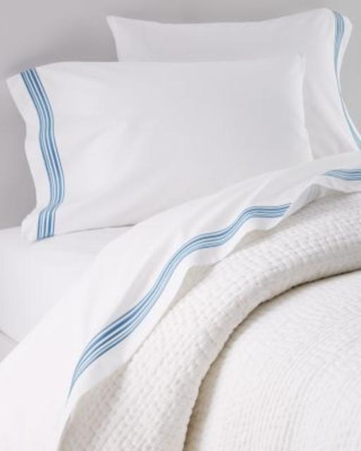 Signature Stripe Embroidered Percale Flat Sheet (Queen - Blue)