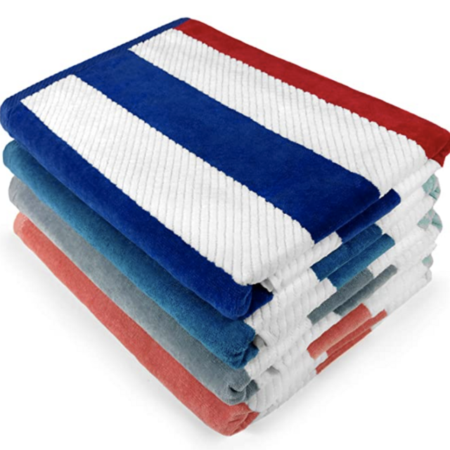 Kaufman - Soft, Plush,4 Pack 100% Combed Ring Spun Yarn dye Cotton Velour Oversized Sized 32”x62” Highly Absorbent, Quick Dry, Colorful Cabana Striped Beach, Pool and Bath Towel.