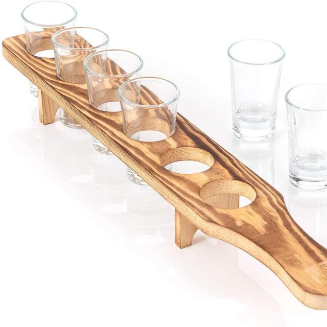 Don Paragone Shot Glasses Serving Tray and Shot Glass Set of 6 - Unique Rustic Wooden Holder for Drinking, Serving, Display and Storage - For Restaurant, Bar, Party, Family Gathering - Rustic Burnt