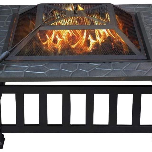 YAHEETECH 32in Outdoor Metal Firepit Square Table Backyard Patio Garden Stove Wood Burning Fire Pit with Spark Screen, Log Poker and Cover