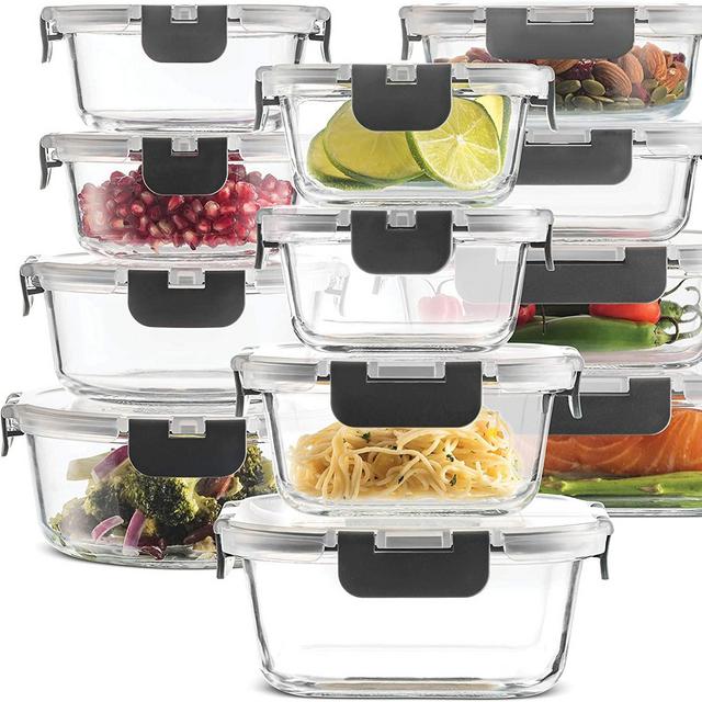 24-Piece Superior Glass Food Storage Containers Set - Newly Innovated Hinged BPA-free Locking lids - 100% Leak Proof Glass Meal Prep Containers, Great on-the-go & Freezer to Oven Safe Food Containers