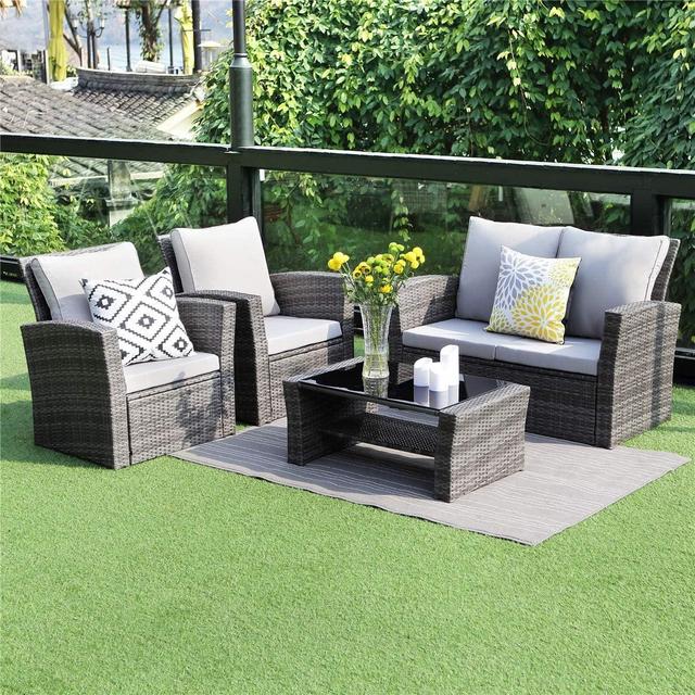 Wisteria Lane 5 Piece Outdoor Patio Furniture Sets, Wicker Rattan Sectional Sofa with Seat Cushions,Gray