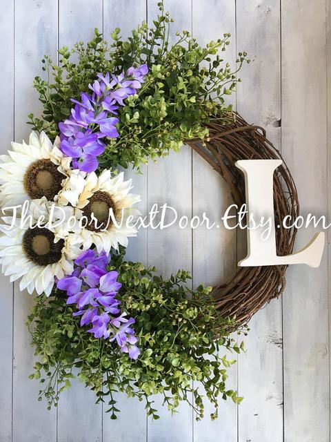 Front Door Wreath for Spring - White Sunflower Wreath - Seasonal Wreath with Purple Wisteria - Outdoor Wreath