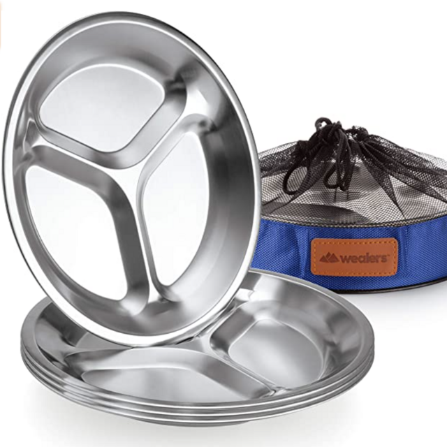 Stainless Steel Plate Set - Portable Dinnerware Set of 4 Round BPA Free, Sectioned Plates with Mesh Travel Bag for Outdoor Camping | Hiking | Picnic | BBQ | Beach