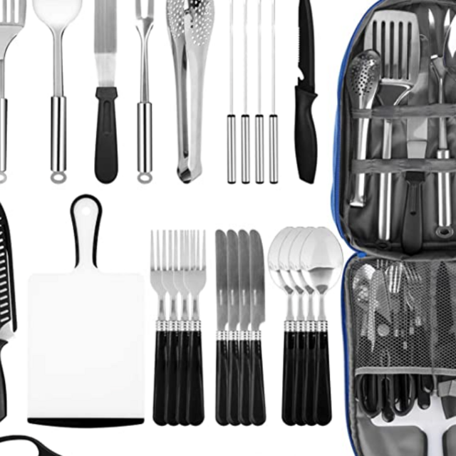 Portable Camping Kitchen Utensil Set, Stainless Steel Outdoor Cooking and Grilling Utensil Organizer Travel Set Perfect for Travel, Picnics, RVs, Camping, BBQs, Parties and More (9Pcs or 27Pcs)