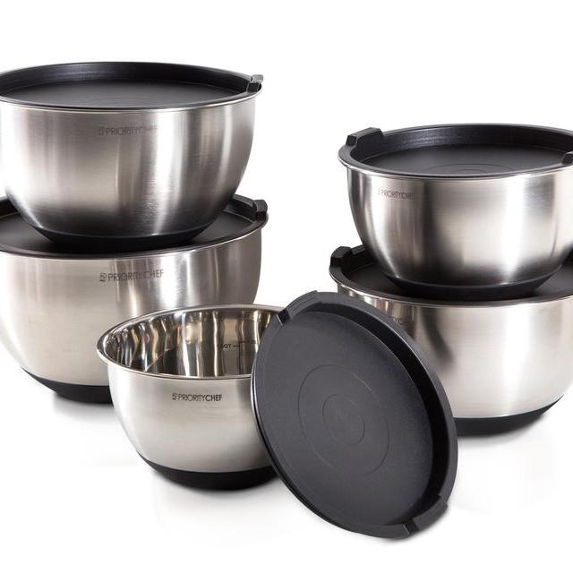 PriorityChef 5 Piece Mixing Bowls With Lids, Large 5 Quart Capacity, Stainless Steel, Non Slip Silicone Bottom, Stackable For Minimal Storage, Black Base