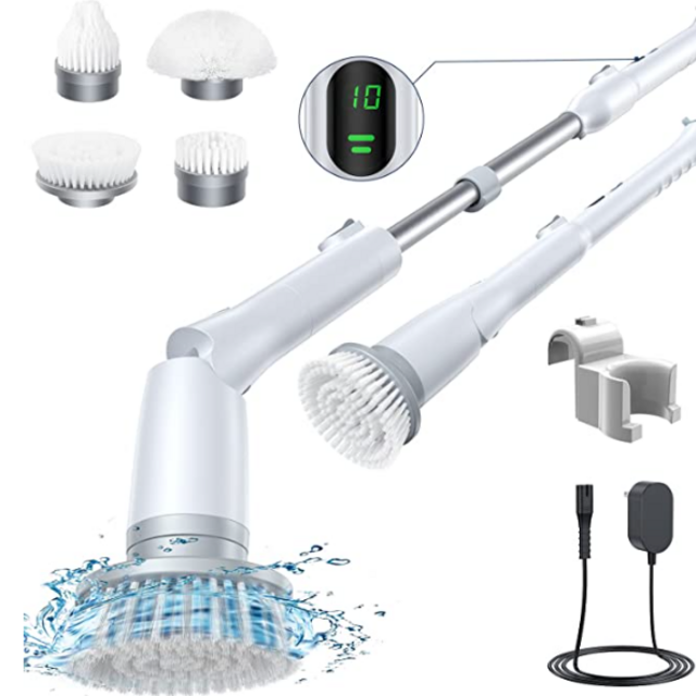 LABIGO Electric Spin Scrubber LA2 Pro, Shower Cleaning Brush with Display and 4 Replaceable Brush Heads,2 Adjustable speeds, 3 Adjustable Extension Handle, Power Cleaning Brush for Bathroom Floor Tile