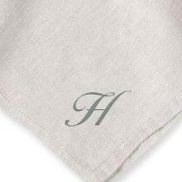 Italian Washed Linen Napkins, Set of 4. Monogrammed with letter H. Napkin color = Flax. Monogram style = ws script (embrd/eng). Monogram color = silver grey.