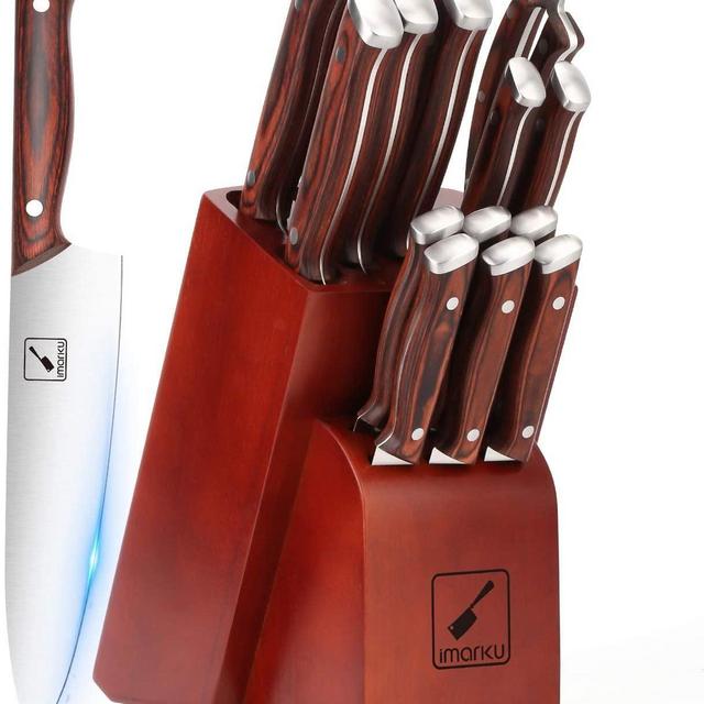 Japanese Knife Set, imarku 16-Piece Professional Kitchen Knife Set with Block, Chef Knife Set with Knife Rod, German High Carbon Steel Kitchen Knives Set