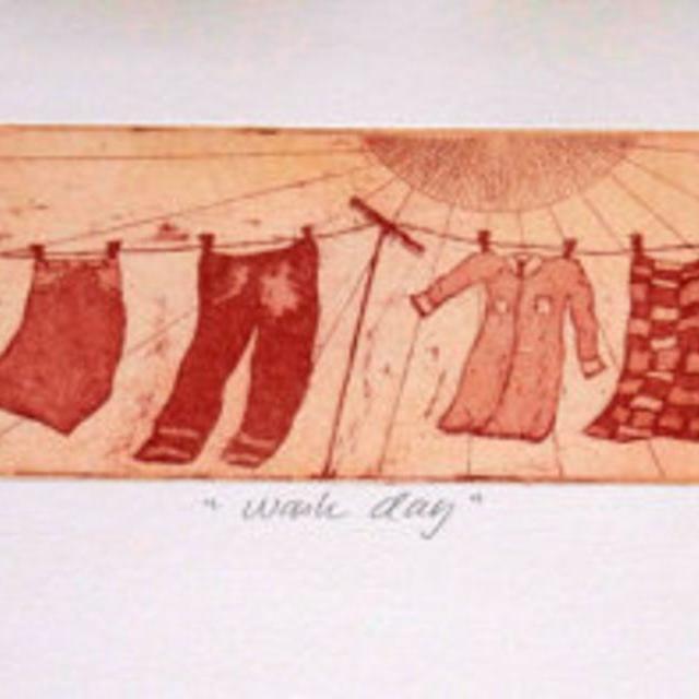 etching, original art, Wash Day, clothes, marigold orange, daffodil yellow, sunshine