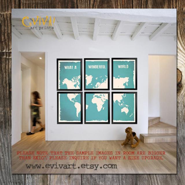 What a Wonderful World Map - Split World Map Print - Six Prints in Color Sky turquoise