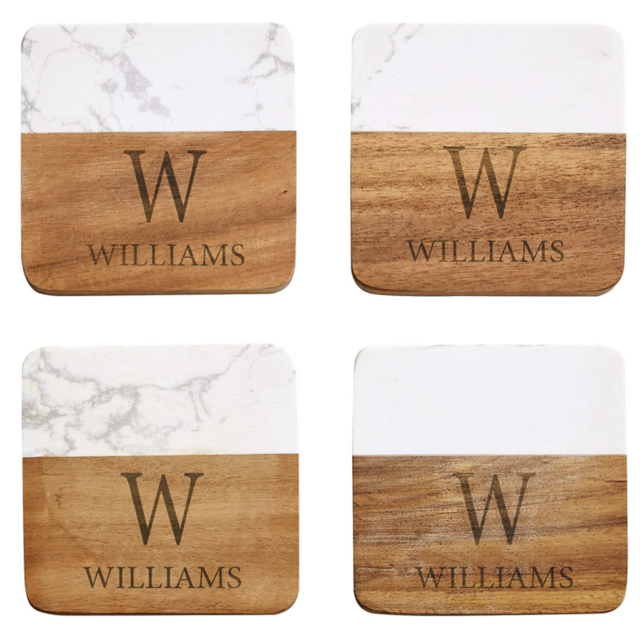 Let's Make Memories Personalized Elegant Marble Wood Coasters - Housewarming Gift - Set of 4 - Each 4” Square - Customized with Name and Initial