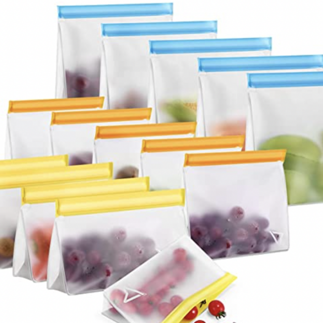 Reusable Storage Bags, 15 Pack BPA Free Stand Up Food Storage Bags, 5 Reusable Gallon Bags+5 Leakproof Reusable Sandwich Bags+5 Reusable Food Grade Kids Snack Bags