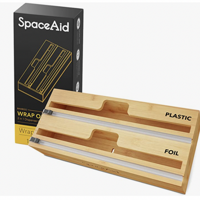 SpaceAid WrapNeat 2 in 1 Wrap Dispenser with Cutter and Labels, Plastic Wrap, Aluminum Foil and Wax Paper Dispenser for Kitchen Drawer, Bamboo Roll Organizer Holder, Compatible with 12" Roll