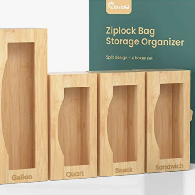 Linvino Bag Storage Organizer for Kitchen Drawer, Bamboo Baggie Organizer, Compatible with Ziploc, Solimo, Glad, Hefty for Gallon, Quart, Sandwich & Snack Variety Size Ziplock Bags (4 Pack)