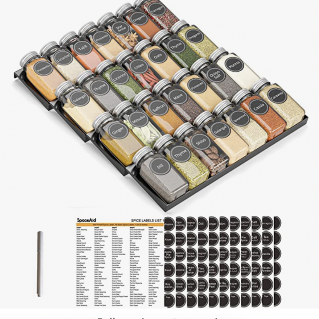 SpaceAid Spice Drawer Organizer with 28 Spice Jars, 386 Spice Labels and Chalk Marker, 4 Tier Seasoning Rack Tray Insert for Kitchen Drawers, 12.8" Wide x 17.5" Deep