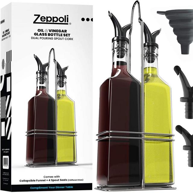 Zeppoli Olive Oil Dispenser Bottle Set - Stainless Steel Rack 2 Pack - Oil & Vinegar Dispenser Set - 4 Removable Dual Spout, Pouring Funnel -17 oz Oil & Vinegar Glass Bottle Set-Oil Cruet for Kitchen