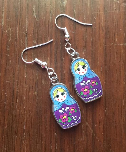 Colorful Russian nesting Doll charm Earrings on silver tone French ear wires - Matryoshka Doll - Doll Jewelry