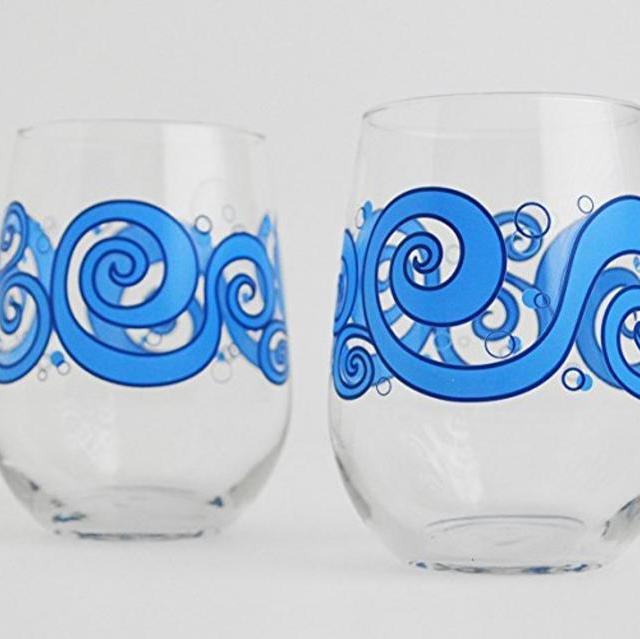 Ocean Waves Wine Glasses - Set of 2 Stemless Beach Themed Wine Glasses