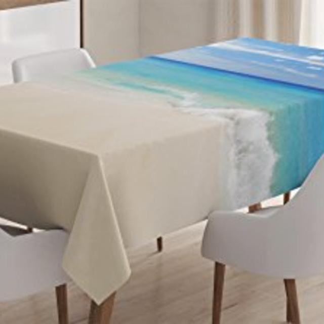 Ocean Decor Tablecloth by Ambesonne, Tropical Haven Style Sandy Shore and Sea with Waves Escape to Paradise Theme, Rectangular Table Cover for Dining Room Kitchen, 60x90 Inch, Cream Turquoise White