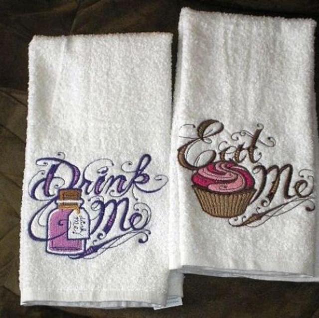 Eat Me & Drink Me - Alice in Wonderland themed EMBROIDERED Pair of 15 x 25 inch hand towels for kitchen ***NEW COLORS****