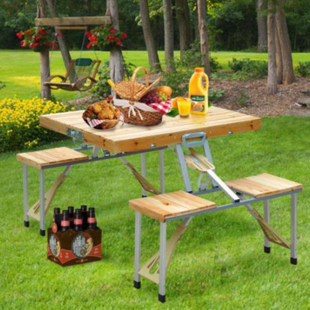 Wooden Picnic Table Bench Seat Outdoor Portable Folding Camping Aluminum w/Case