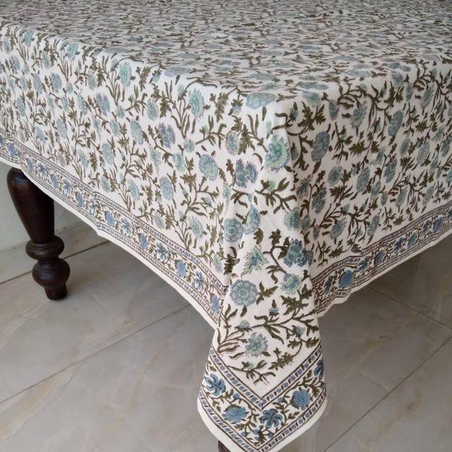 Read the full title Indian Block Printed Cotton Tablecloth, Indian Cotton Table Linen For Sale , Floral Table Cloth 6 seater and 8 seater, tablecloth on sale