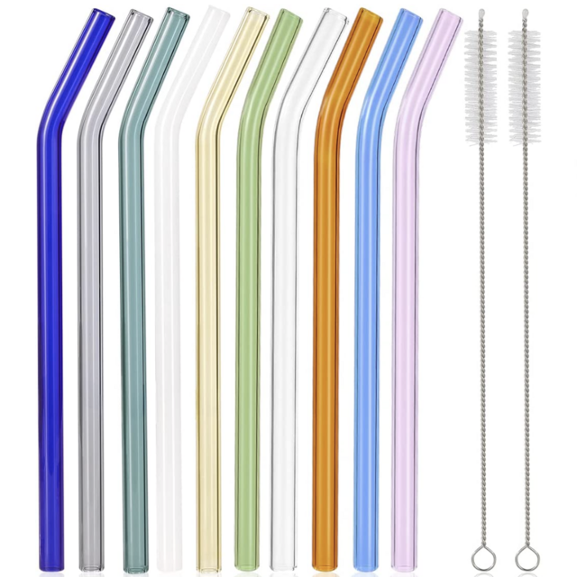 RENYIH 10 Pcs Reusable Bent Glass Drinking Straws,9''x10 mm Colorful Glass Straws for Beverages, Shakes, Milk Tea, Juices,Set of 10 Bent with 2 Cleaning Brushes -Shatter Resistant