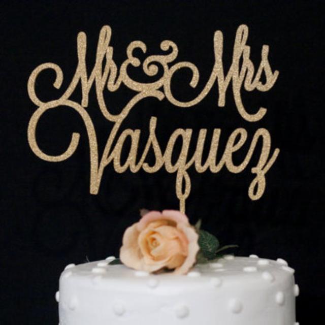 Custom Mr and Mrs Thin Wedding Cake Topper - Glitter Gold