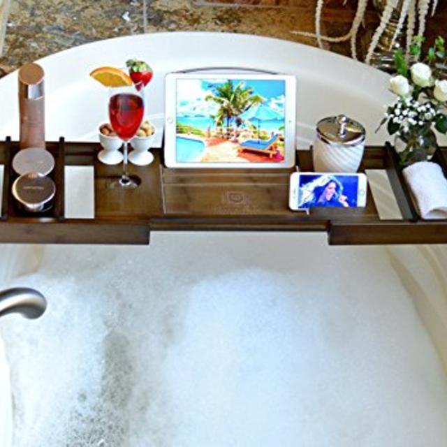 ROYAL CRAFT WOOD Luxury Bamboo Bathtub Caddy Tray, + FREE Soap Holder (BROWN)