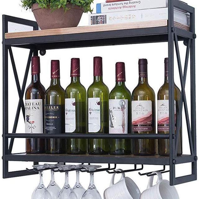 Industrial Wine Racks Wall Mounted with 5 Stem Glass Holder,23.6in Rustic Metal Hanging Wine Holder Wine Accessories,2-Tiers Wall Mount Bottle Holder Glass Rack,Wood Shelves Wall Shelf Home Decor