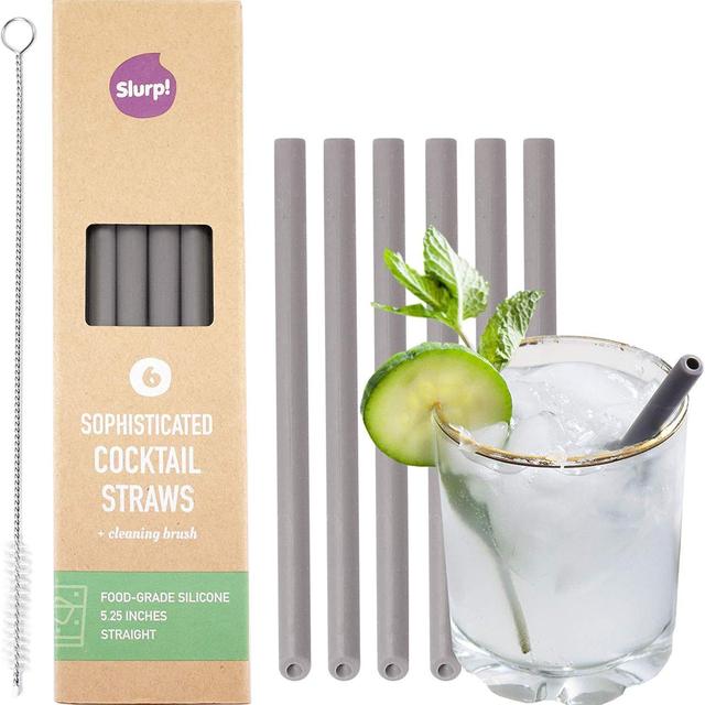 Slurp Straw 6 Pack and Cleaning Brush, 5.25-inch Short Reusable Silicone Drinking Straws or Stirrers for Cocktails, Coffee, Small Glasses and Cups - Food Grade Silicone - Smoke Grey