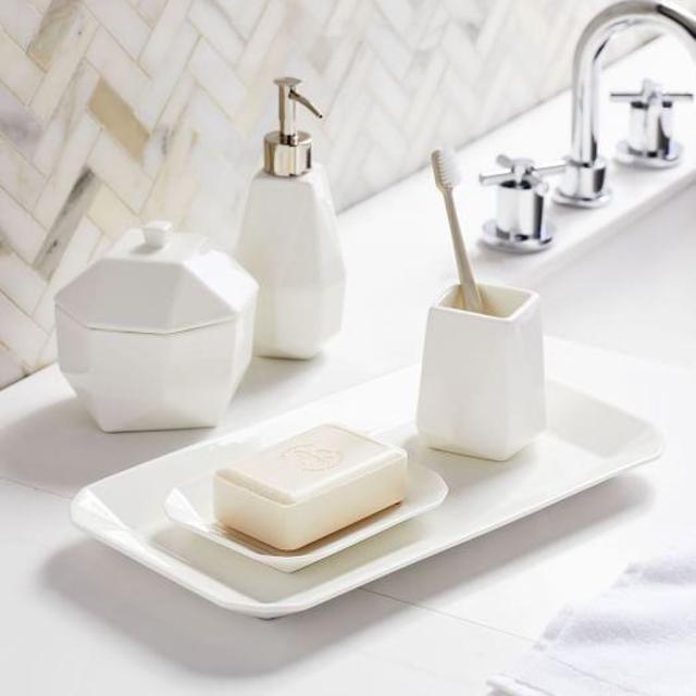Faceted Porcelain Bath Accessories, White, Set Of 5