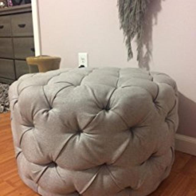 Round Ottoman Grey, This Large Tufted Round Ottoman Features a Textured All Over Sleek Contemporary Look, This Gray Round Ottoman Is the Perfect Footstool in Your Living Room Area!