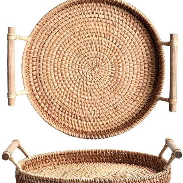 Woven Serving Tray, Rattan Round Tray, Wicker Serving Basket with Wooden Handles (12.6 inch / 32cm)