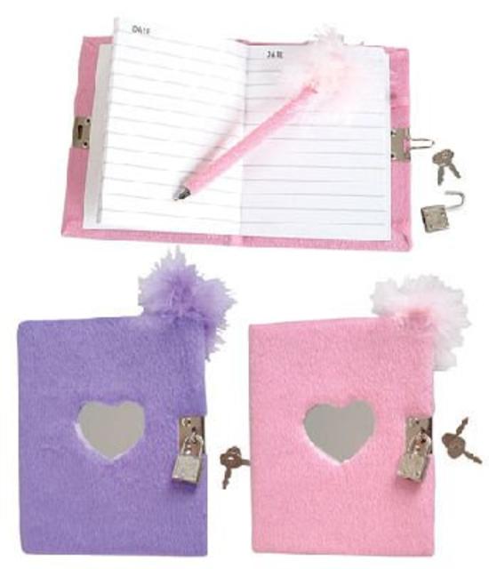 Teen Locking Diary Girl's Plush Heart Journal With Mirror Feather Boa Pen, Assorted Colors 1 Diary