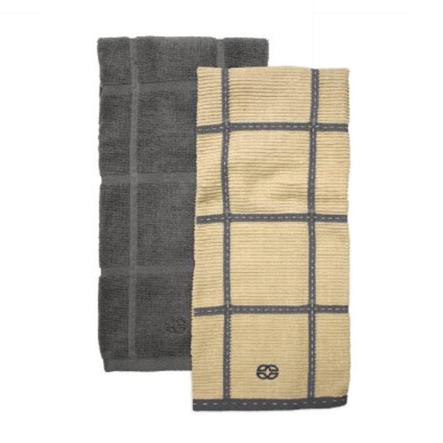 Calphalon Textiles 2-Piece Solid and Large Check Kitchen Towel Set, Graphite