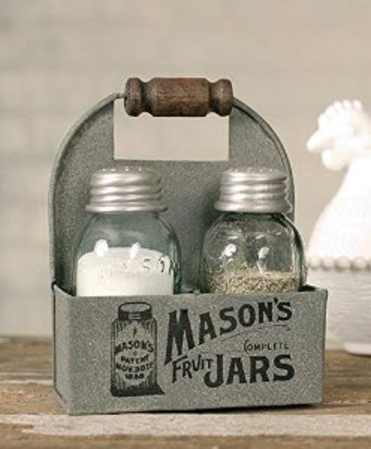 1 X Mason's Jars Box Salt and Pepper Caddy with Wood Handle