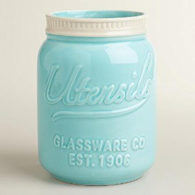 Mason Jar Ceramic Utensil Crock (Aqua/Blue)