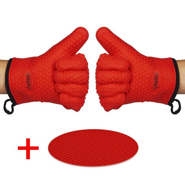 Chefaith Silicone Kitchen Gloves [Fabric Lining / Inner Cotton Layer] for Cooking, Baking, Barbeque, Grilling [Free Pot Holder as Bonus]- Heat Resistant (Up to 480°F) Oven Mitts, Best Protection Ever