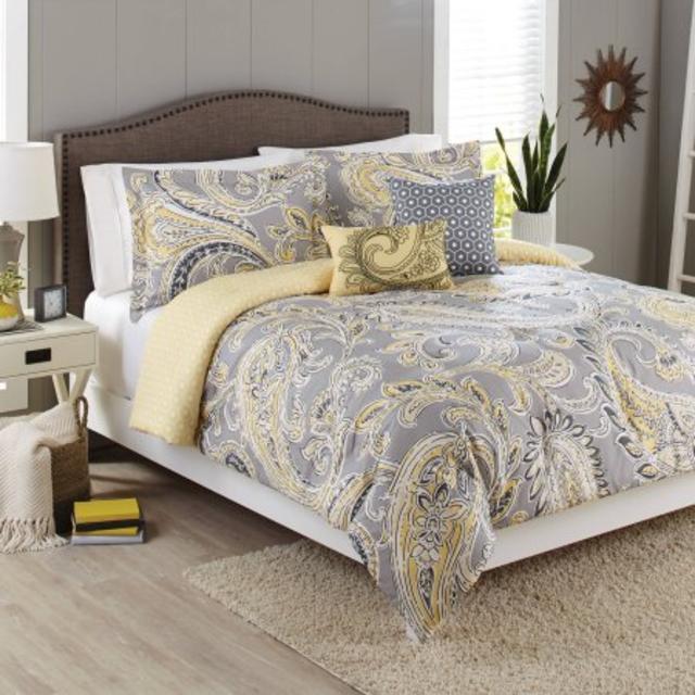Better Homes and Gardens 5-Piece Bedding Comforter Set, Yellow Grey Paisley