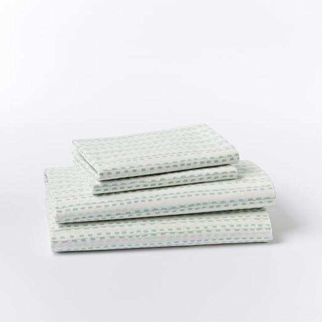 West Elm Organic Hand Drawn Stripe Sheet Set, Queen, Pale Harbor