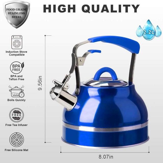 Whistling Tea Kettle, 2.3 Qt Tea Pot, Stainless Steel with Silicone Handle, Tea Infuser, Silicone Trivets Mat, Blue